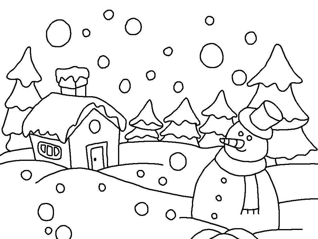 Розмальовки  Сніговик біля будиночка. Завантажити розмальовку зима, сніговик, хатинка, ліс.  Роздрукувати ,розмальовки зима,
