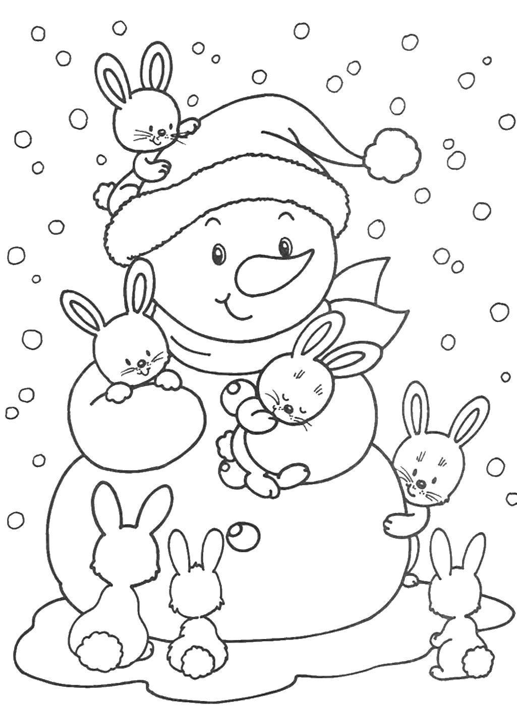 Розмальовки  Зайчики навколо сніговика. Завантажити розмальовку зима, сніговик, зайчики.  Роздрукувати ,розмальовки зима,