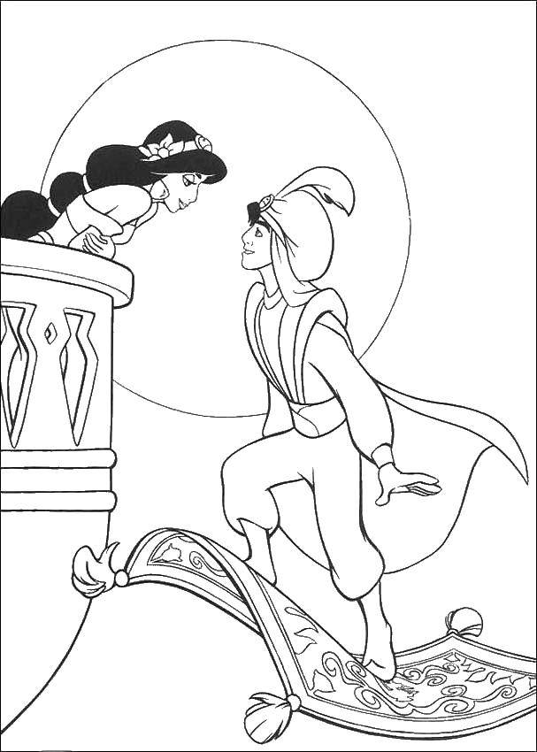 Coloring Aladdin flew to Jasmine. Category Disney cartoons. Tags:  Aladdin , Jasmine.