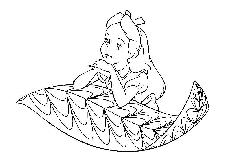 Название: Раскраска Алиса и листочек. Категория: раскраски. Теги: алиса в зазеркалье, мультфильмы, Алиса.