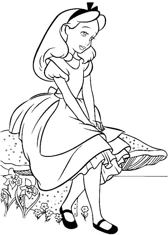 Coloring Alice sitting on a mushroom. Category coloring. Tags:  Alice in Wonderland.