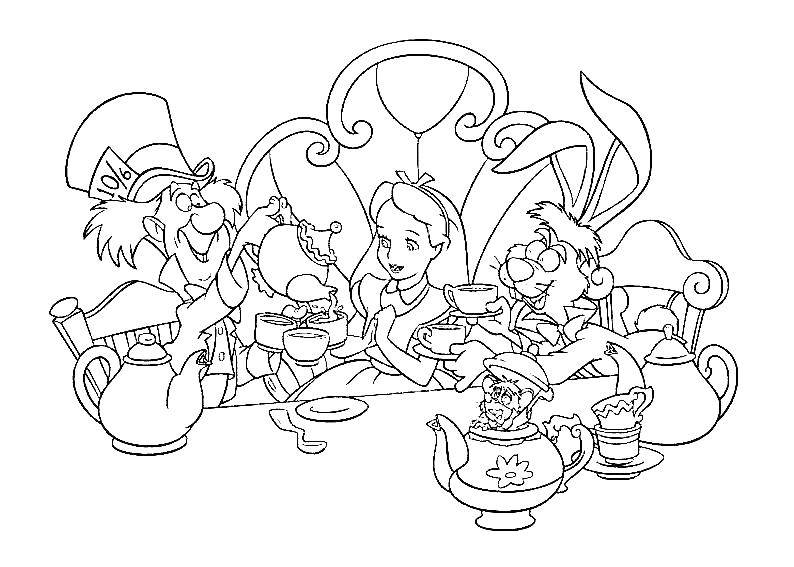 Coloring Tea party with Alice. Category coloring. Tags:  Alice in Wonderland, cartoons, tea party.