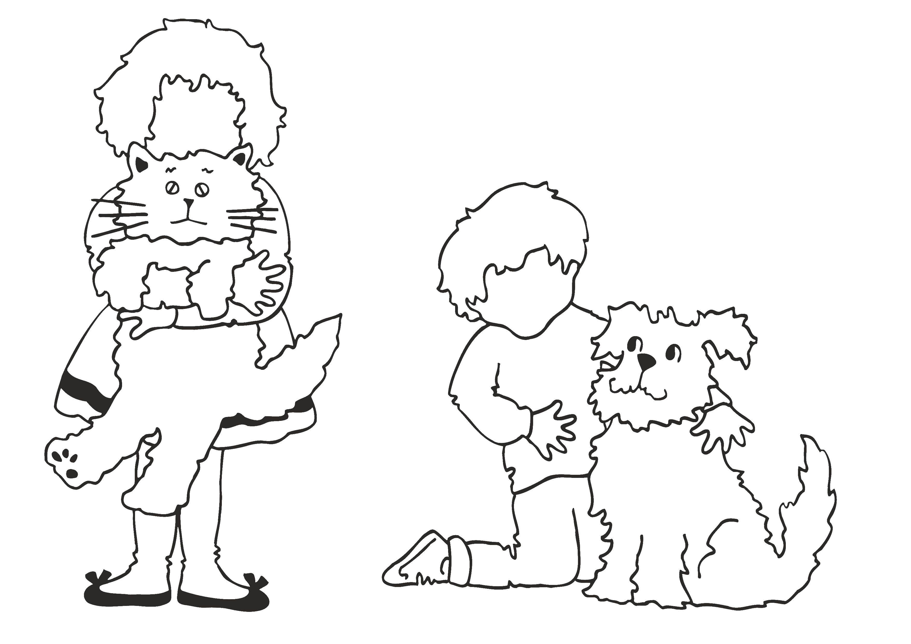 Название: Раскраска Дети играют с домашними животными. Категория: раскраски. Теги: дети, животные.
