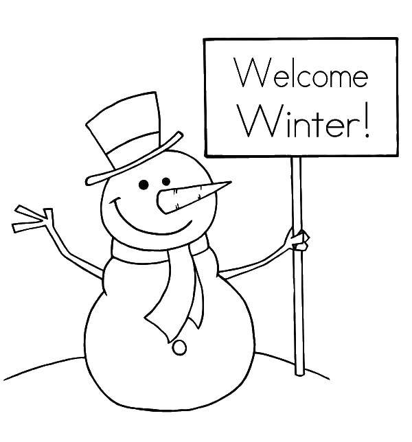 Название: Раскраска Добро пожаловать зиме. Категория: раскраски зима. Теги: зима, снеговик.