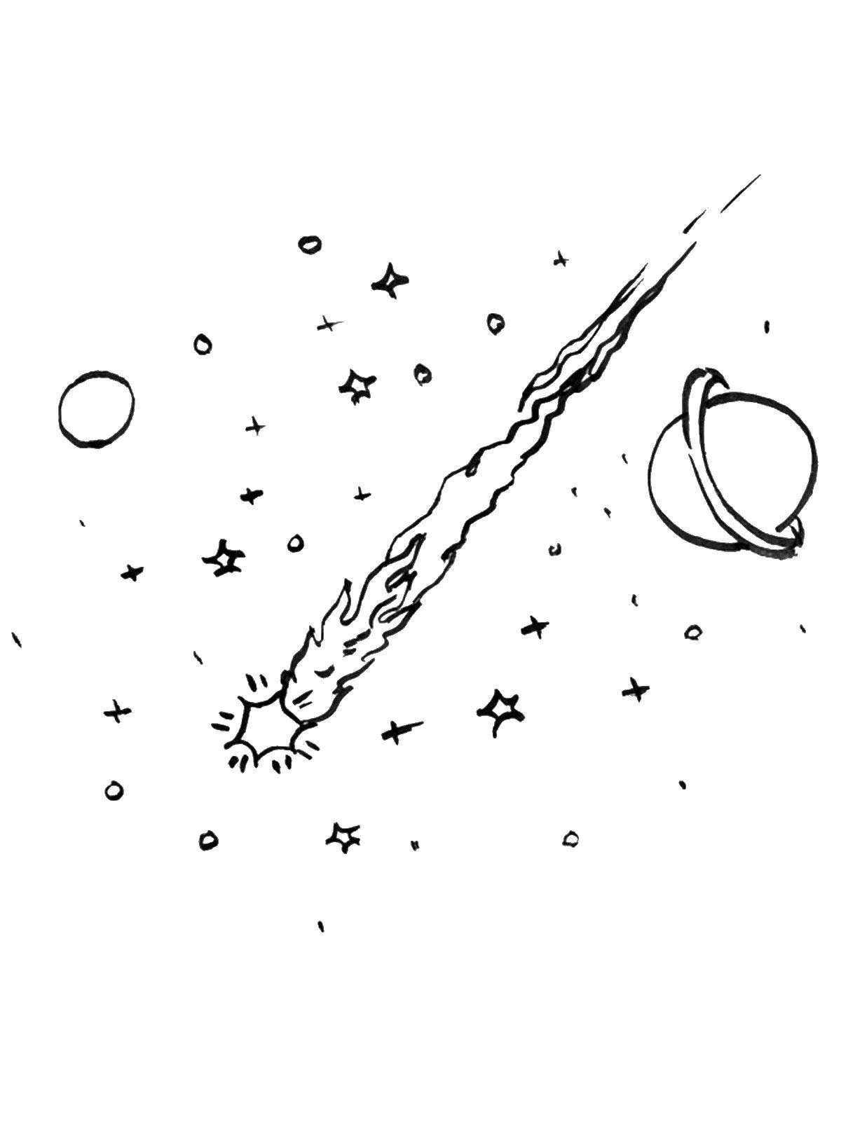 Название: Раскраска Кометы среди планет. Категория: День космонавтики. Теги: космос, звезды, планеты, комета.