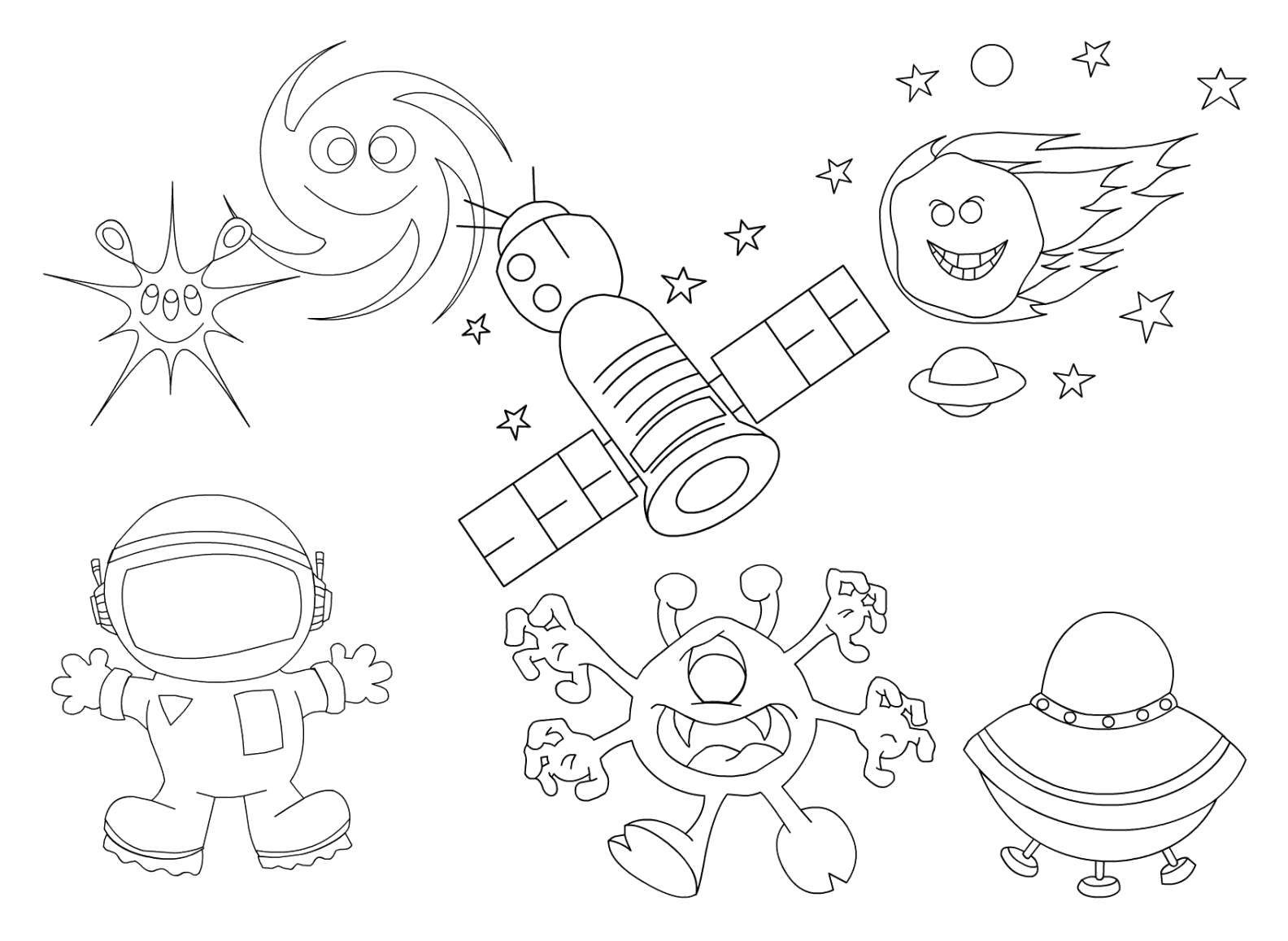 Coloring Astronaut, stars, satellite, alien, spaceship, comet in space. Category space. Tags:  Space, planet, universe, Galaxy, astronaut, alien, star.