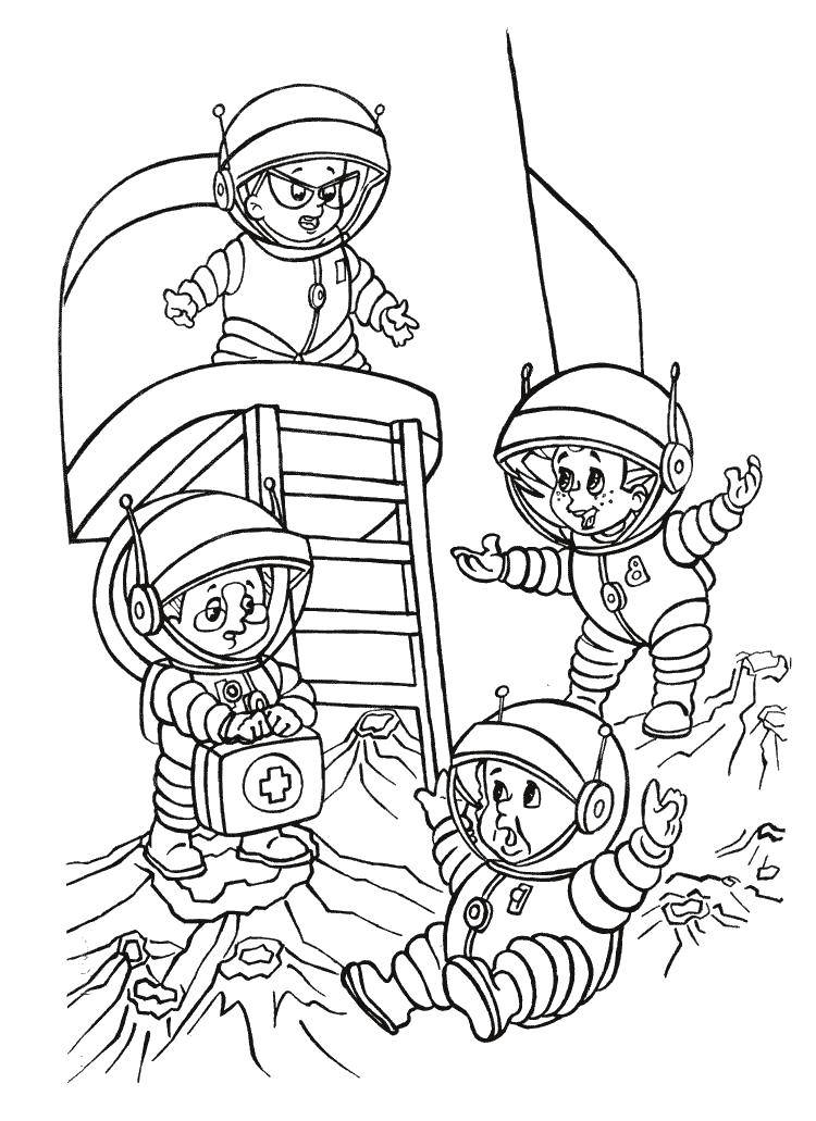 Coloring Astronauts on the moon. Category space. Tags:  Space, astronaut, flag, Moon.