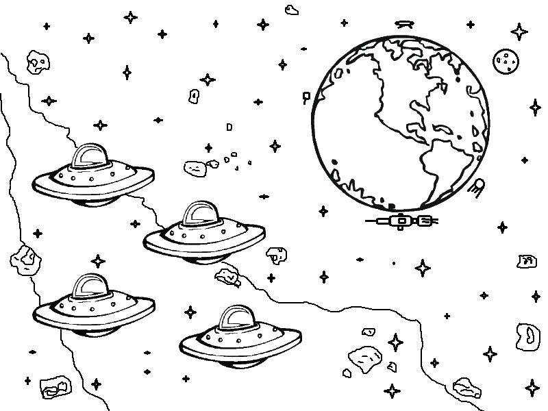 Coloring Flying saucers headed for earth. Category space. Tags:  Space, aliens, stars.
