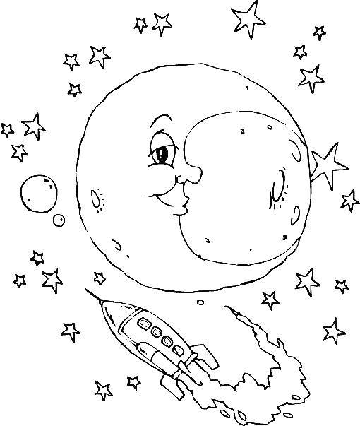 Название: Раскраска Луна и ракета. Категория: День космонавтики. Теги: космос, планета, ракета, Гагарин, день космонавтики, луна.