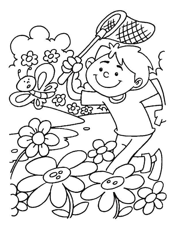 Название: Раскраска Мальчик ловит бабочек. Категория: Весна. Теги: мальчик, бабочка.