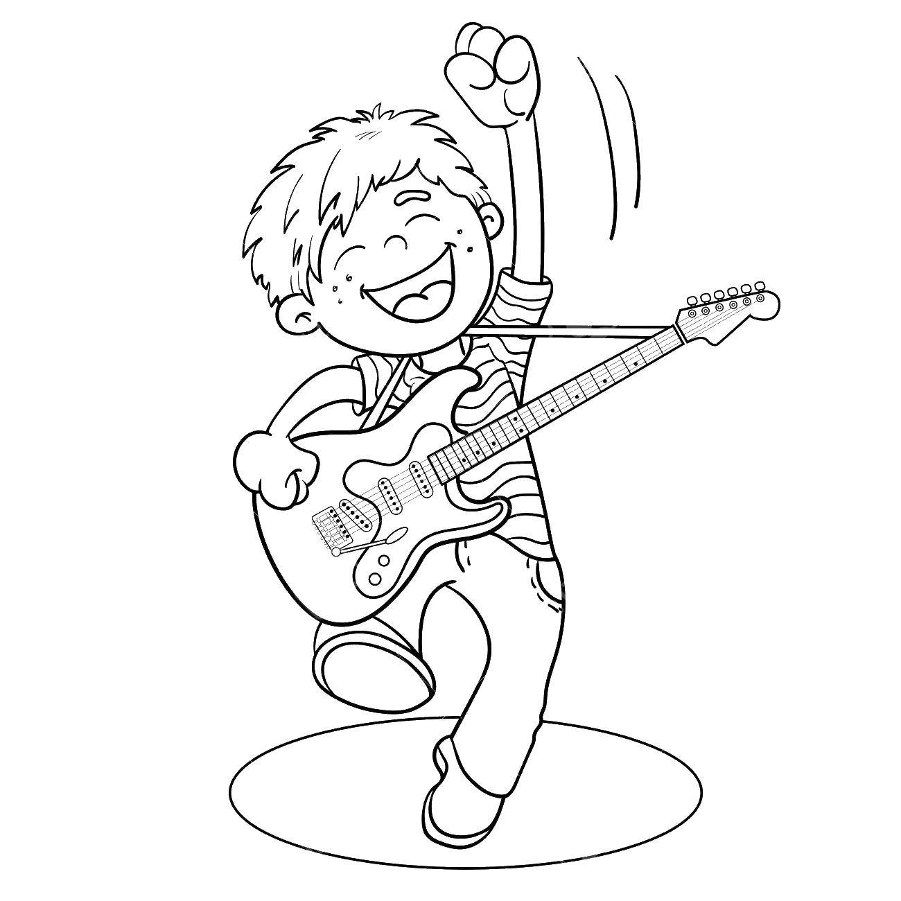 Название: Раскраска Мальчик с гитарой. Категория: контур мальчика. Теги: мальчик, гитара.