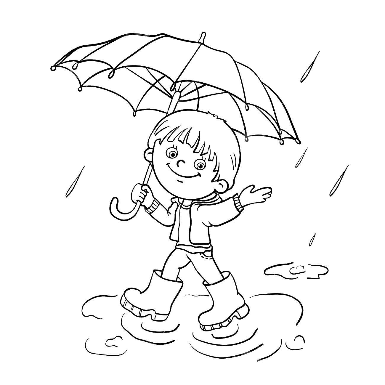 Coloring Boy in boots with umbrella. Category the contour of the boy. Tags:  boy, umbrella.