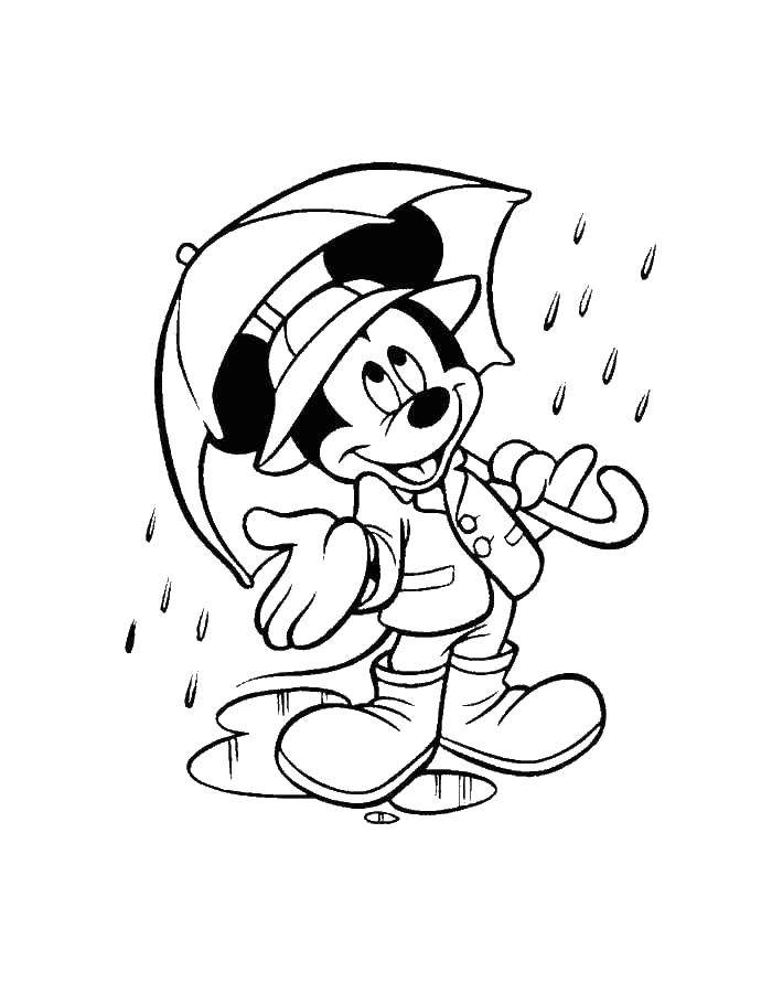 Название: Раскраска Микки маус под зонтом. Категория: микки маус. Теги: Микки Маус, дождь, зонт.