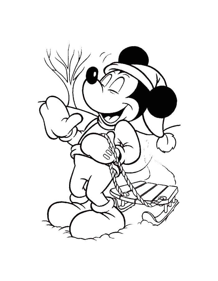 Coloring Mickey mouse with a sledge. Category Mickey mouse. Tags:  Mickey mouse, sled, winter.