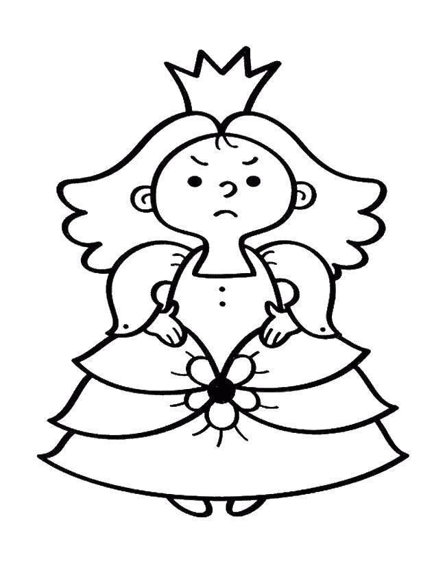 Название: Раскраска Недовольная принцесса. Категория: Раскраски для малышей. Теги: Принцесса, платье.