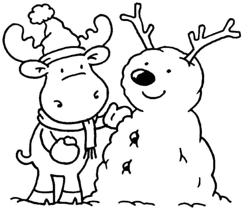 Coloring Deer sculpts snowman. Category coloring winter. Tags:  reindeer, snowman.