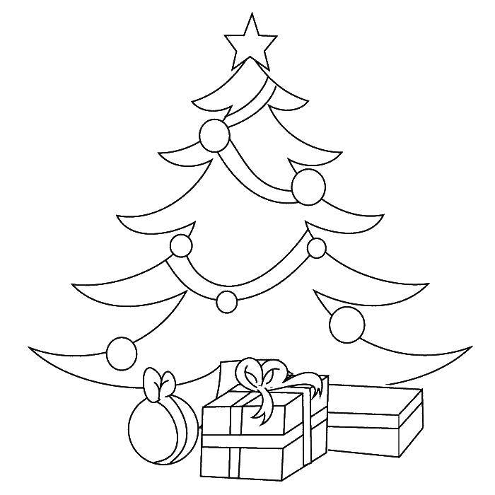 Название: Раскраска Под ёлкой лежат подарки. Категория: новый год. Теги: Новый Год, ёлка, подарки, игрушки.
