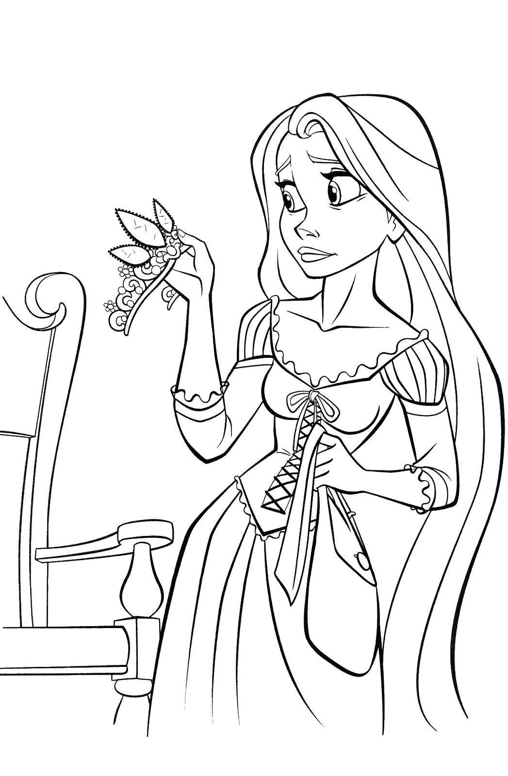 Coloring Rapunzel looks at the crown. Category coloring pages Rapunzel tangled. Tags:  Rapunzel, crown.