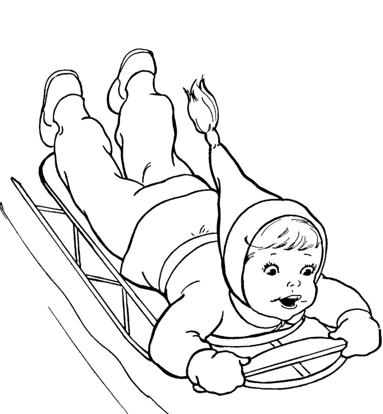 Название: Раскраска Ребенок катается на санках. Категория: зима. Теги: зима, санки, ребенок.