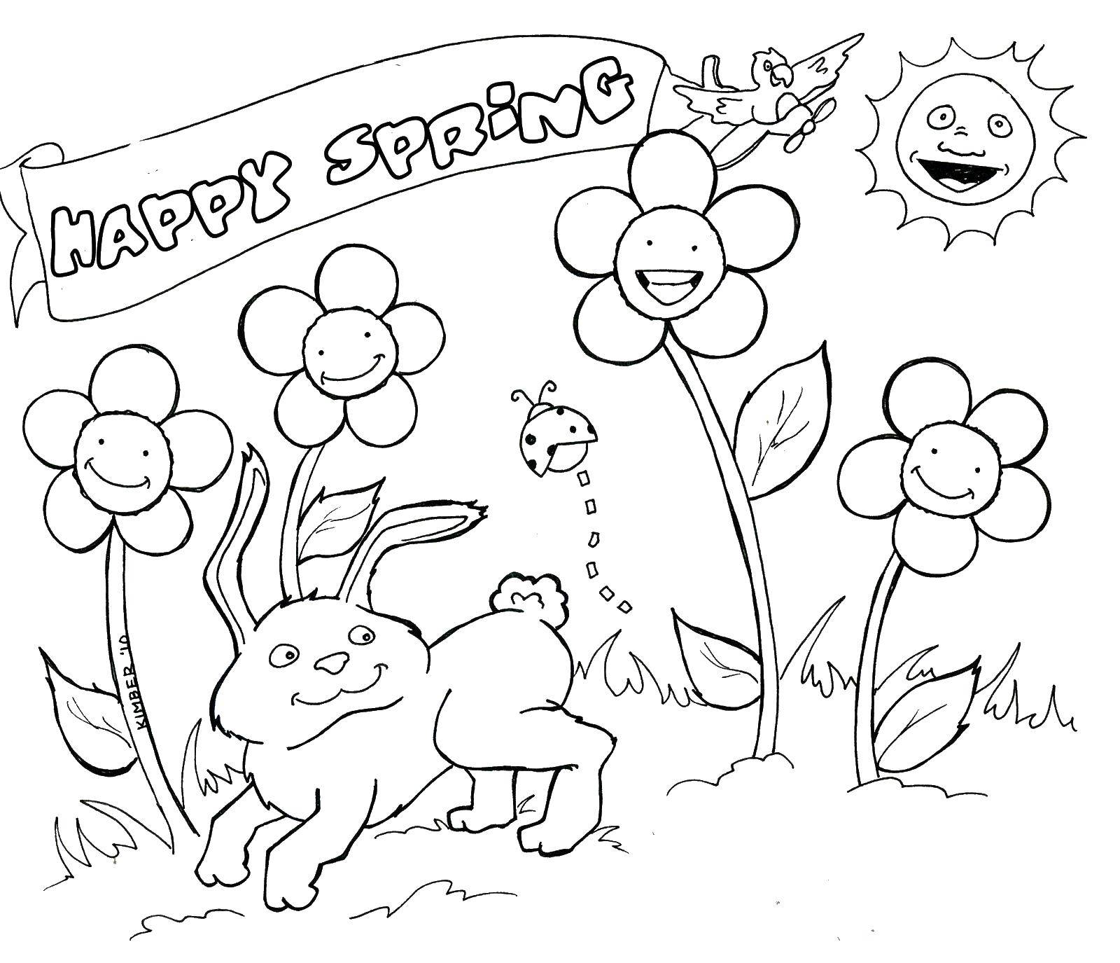 Coloring Happy spring. Category Spring. Tags:  spring animals, flowers.