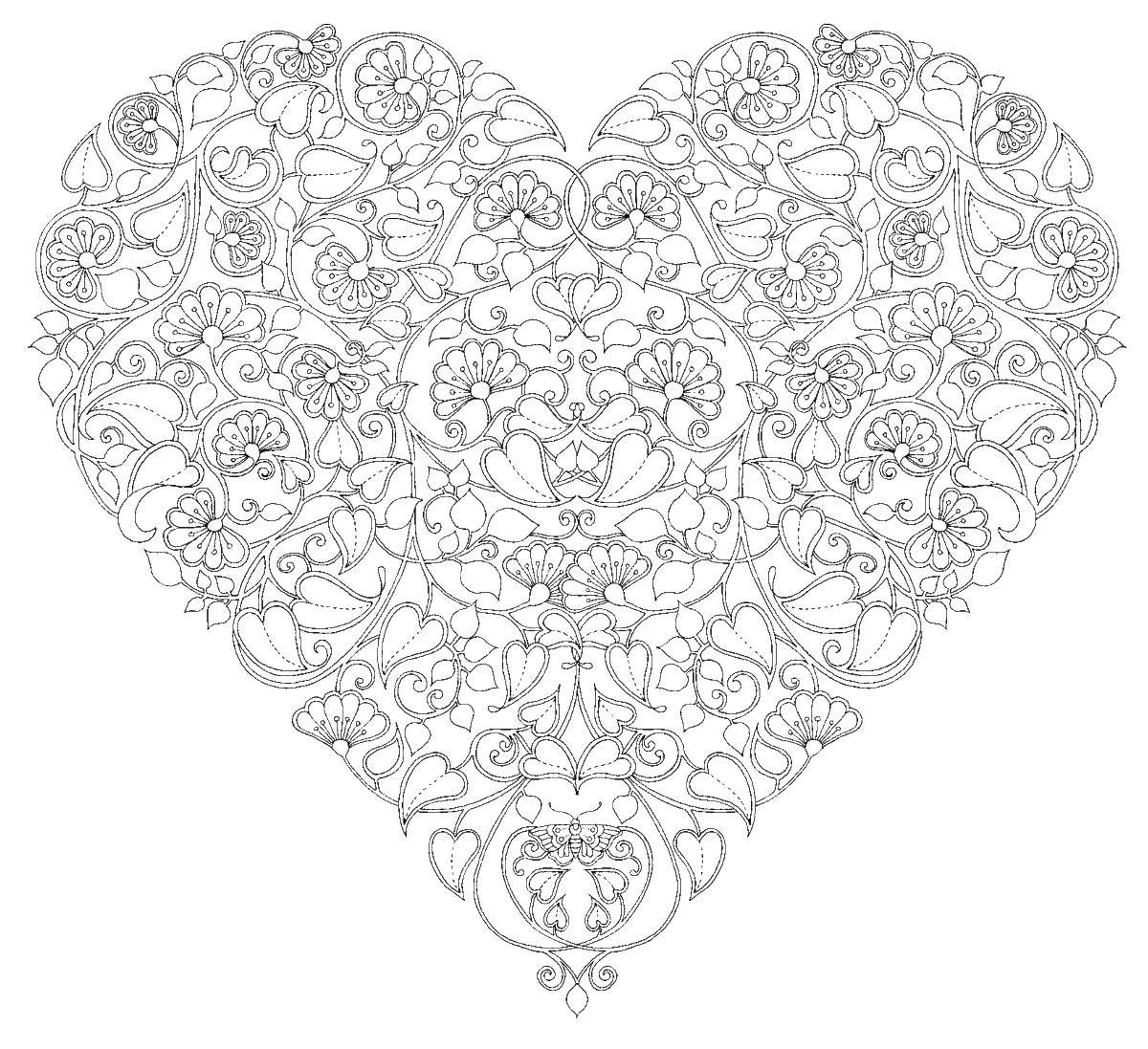 Coloring Heart made of flowers and leaves. Category coloring for adults. Tags:  for adults, antistress, patterns.