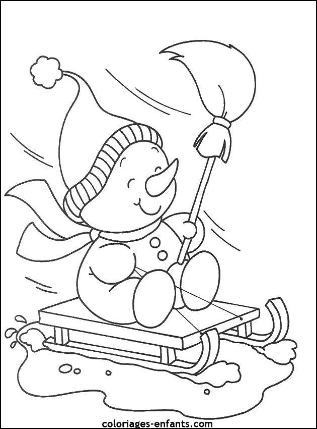 Coloring Snowman on a sled. Category coloring winter. Tags:  winter, snowman, sleigh.