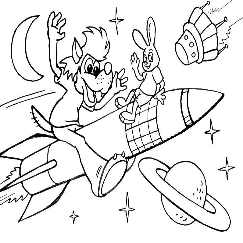 Название: Раскраска Волк и заяц из  ну, погоди!  в космосе на ракете. Категория: Персонаж из мультфильма. Теги: Персонаж из мультфильма, Волк,  Ну, Погоди! , заяц, космос, ракета.