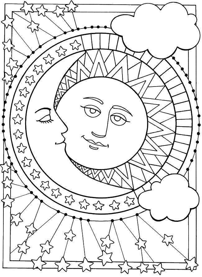Coloring Stars, Crescent moon, sun. Category The sky. Tags:  sky, space, star, Crescent, sun.
