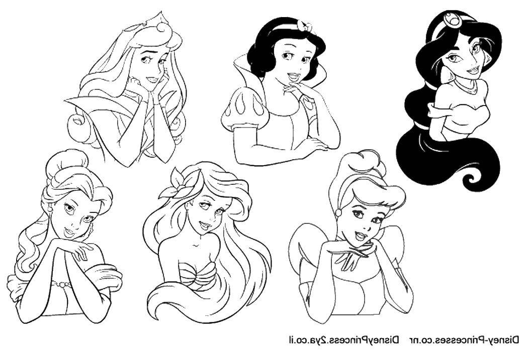 Раскраска Шесть диснеевских принцесс Скачать ,принцессы, принцесса, Дисней,.  Распечатать 