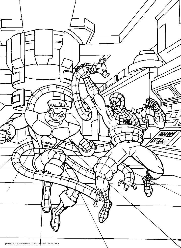 Розмальовки  Спайдермен проти доктора восьминога. Завантажити розмальовку спайдермэн, людина павук, доктор восьминіг.  Роздрукувати ,восьминіг,