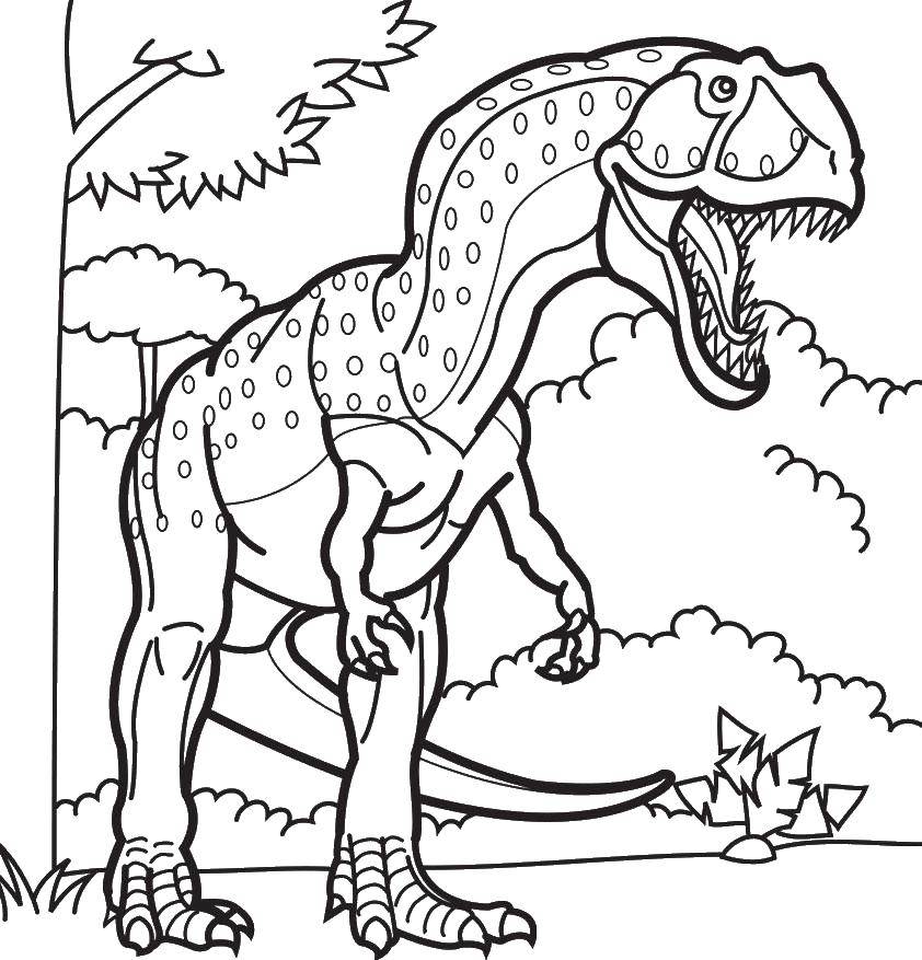 Розмальовки  Злий динозавр. Завантажити розмальовку динозавр, природа.  Роздрукувати ,динозавр,