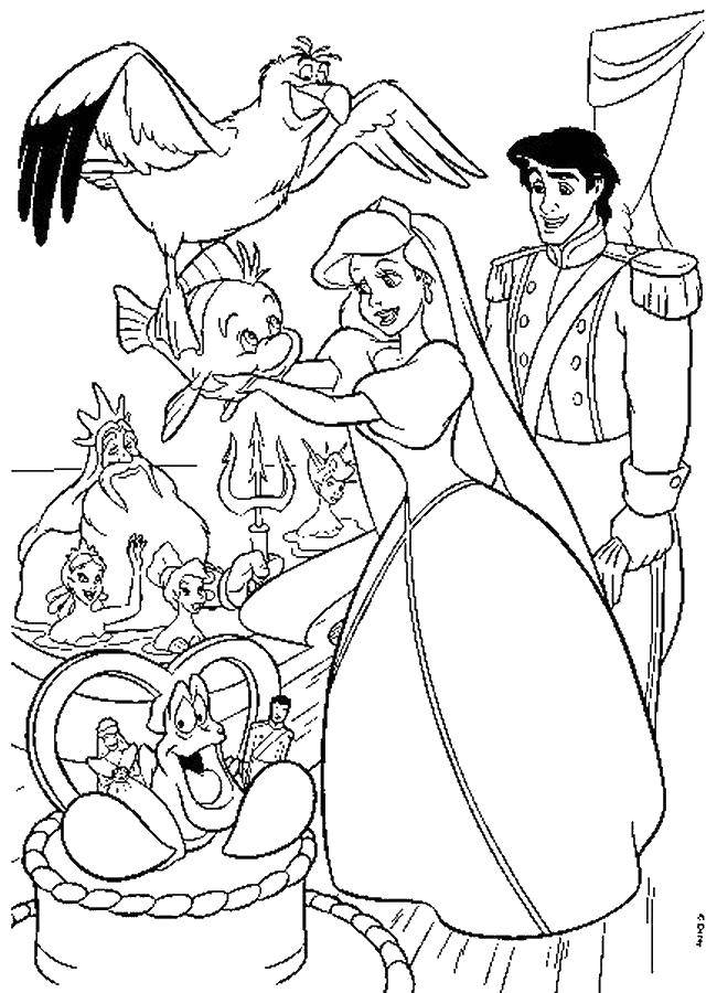 Название: Раскраска Ариэль с принцем на пирсе. Категория: Диснеевские раскраски. Теги: Дисней, Ариэль, принц.