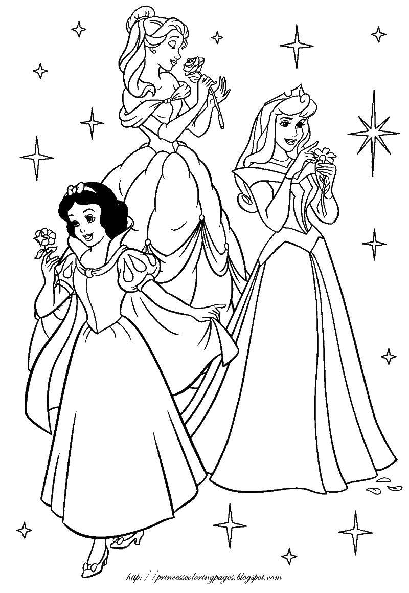 Coloring Snow white, sleeping beauty, and Belle. Category Disney coloring pages. Tags:  disney, Princess, snow white, Sleeping beauty, Belle.