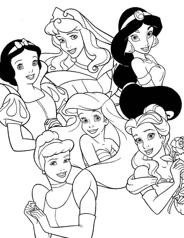 Coloring Snow white, sleeping beauty, Jasmine, Cinderella, Ariel, Belle. Category Princess. Tags:  snow white, sleeping beauty, Jasmine, Cinderella, Ariel, Belle.