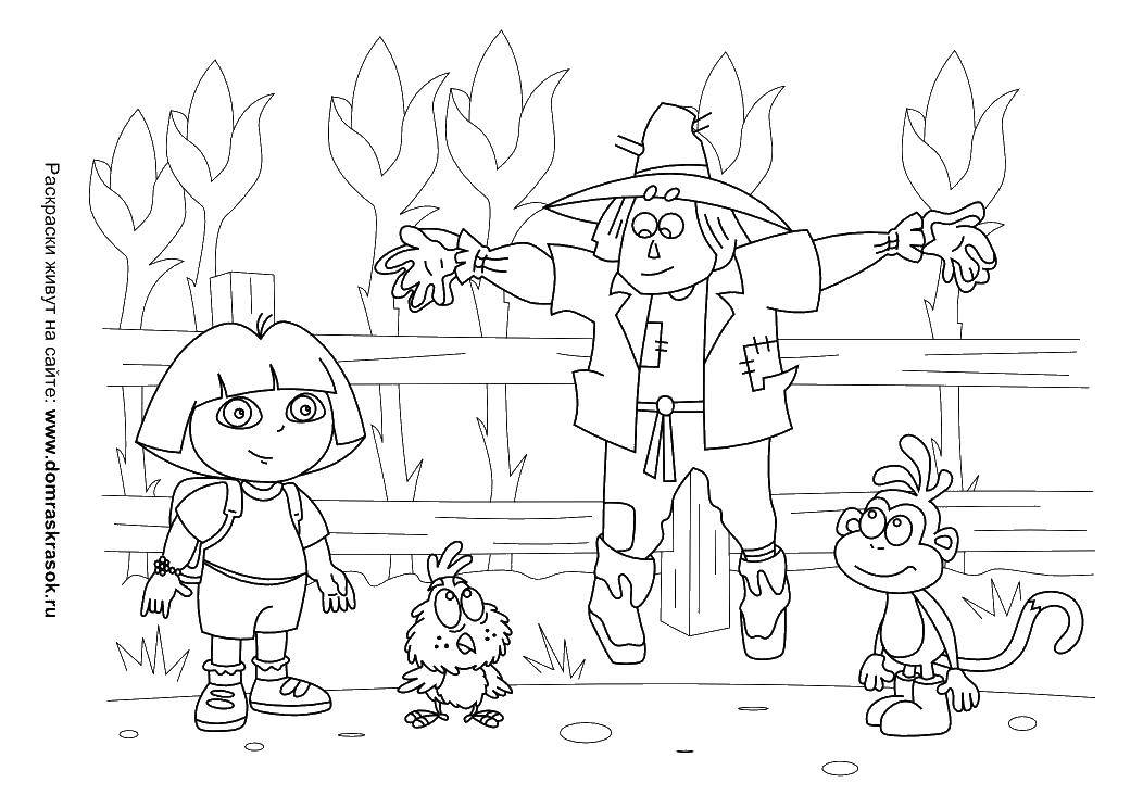Coloring Dasha traveler and slipper monkey and Scarecrow. Category duck tales. Tags:  Dora the Explorer and monkey slipper, panalo.