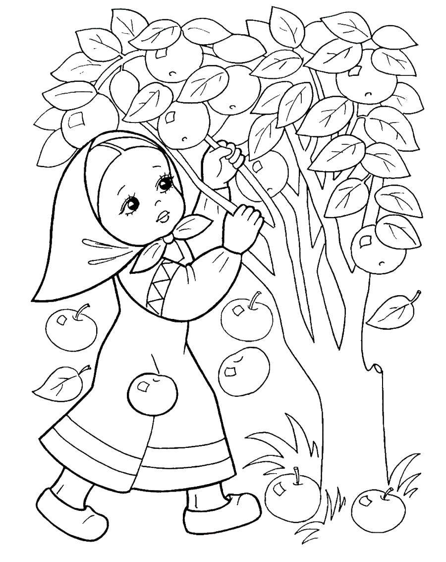 Coloring The girl at the tree. Category Fairy tales. Tags:  tales, girl, Apple.