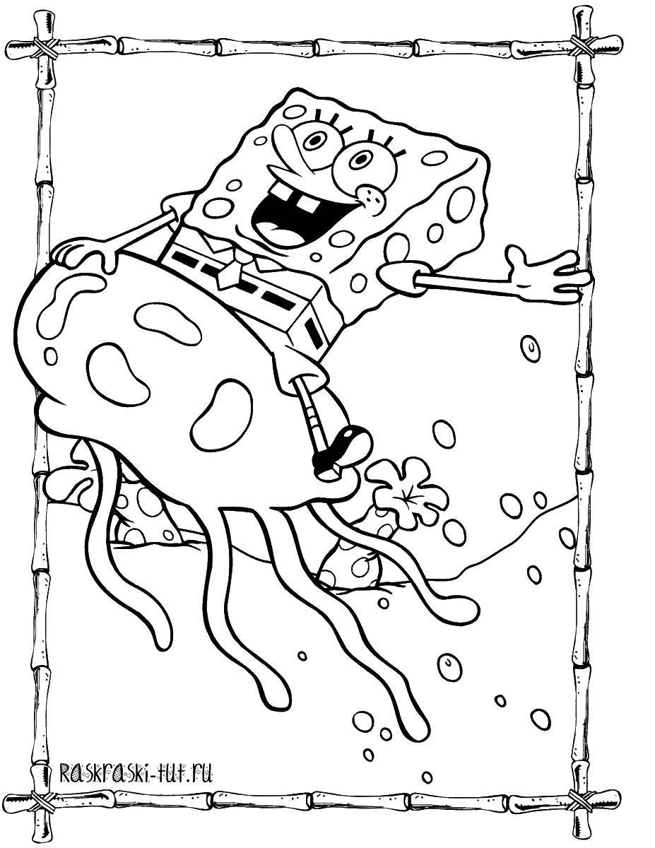 Coloring Spongebob Squarepants riding a jellyfish. Category spongebob. Tags:  Cartoon character.