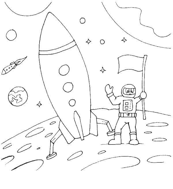 Название: Раскраска Космонавт на луне. Категория: День космонавтики. Теги: космос, ракета.