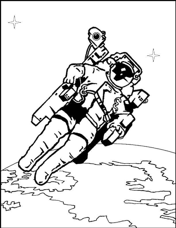 Название: Раскраска Космонавт в космосе. Категория: День космонавтики. Теги: космос, планета, ракета, Гагарин, день космонавтики, космонавт.