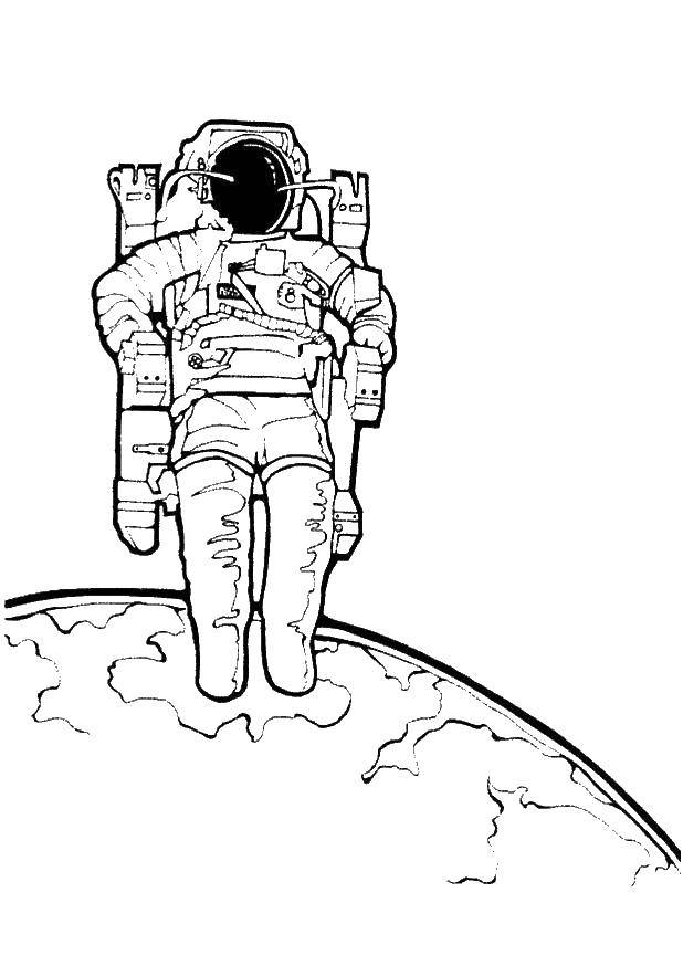 Название: Раскраска Космонавт в скафандре. Категория: День космонавтики. Теги: космос, планета, ракета, Гагарин, день космонавтики.