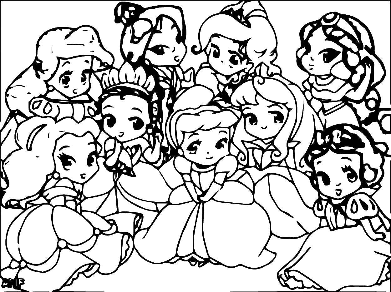Название: Раскраска Маленькие диснеевские принцессы. Категория: Диснеевские раскраски. Теги: Диснеевские мультфильмы, принцессы.