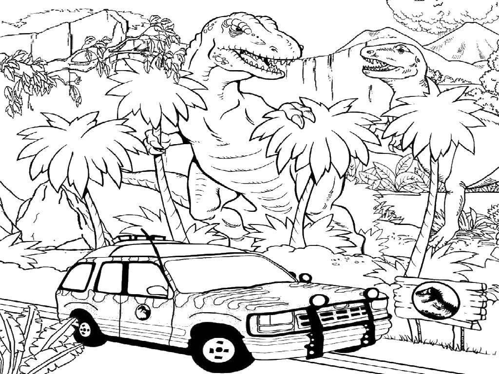 Название: Раскраска Машина и динозавры. Категория: динозавр. Теги: динозавры, машина.