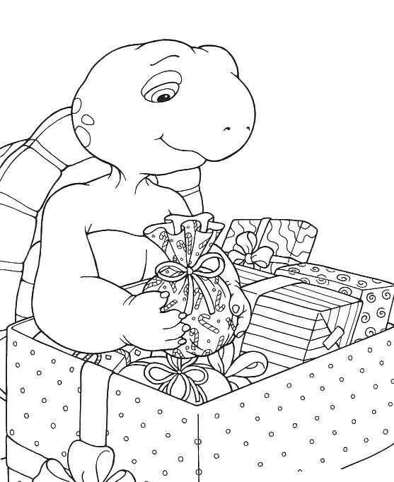 Название: Раскраска Подарочки для черепашки. Категория: подарки. Теги: Рептилия, черепаха.