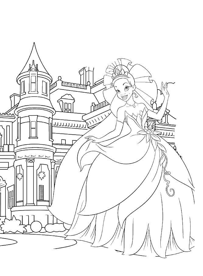 Название: Раскраска Принцесса возле красивого замка. Категория: Замки. Теги: замки, архитектура, принцесса.