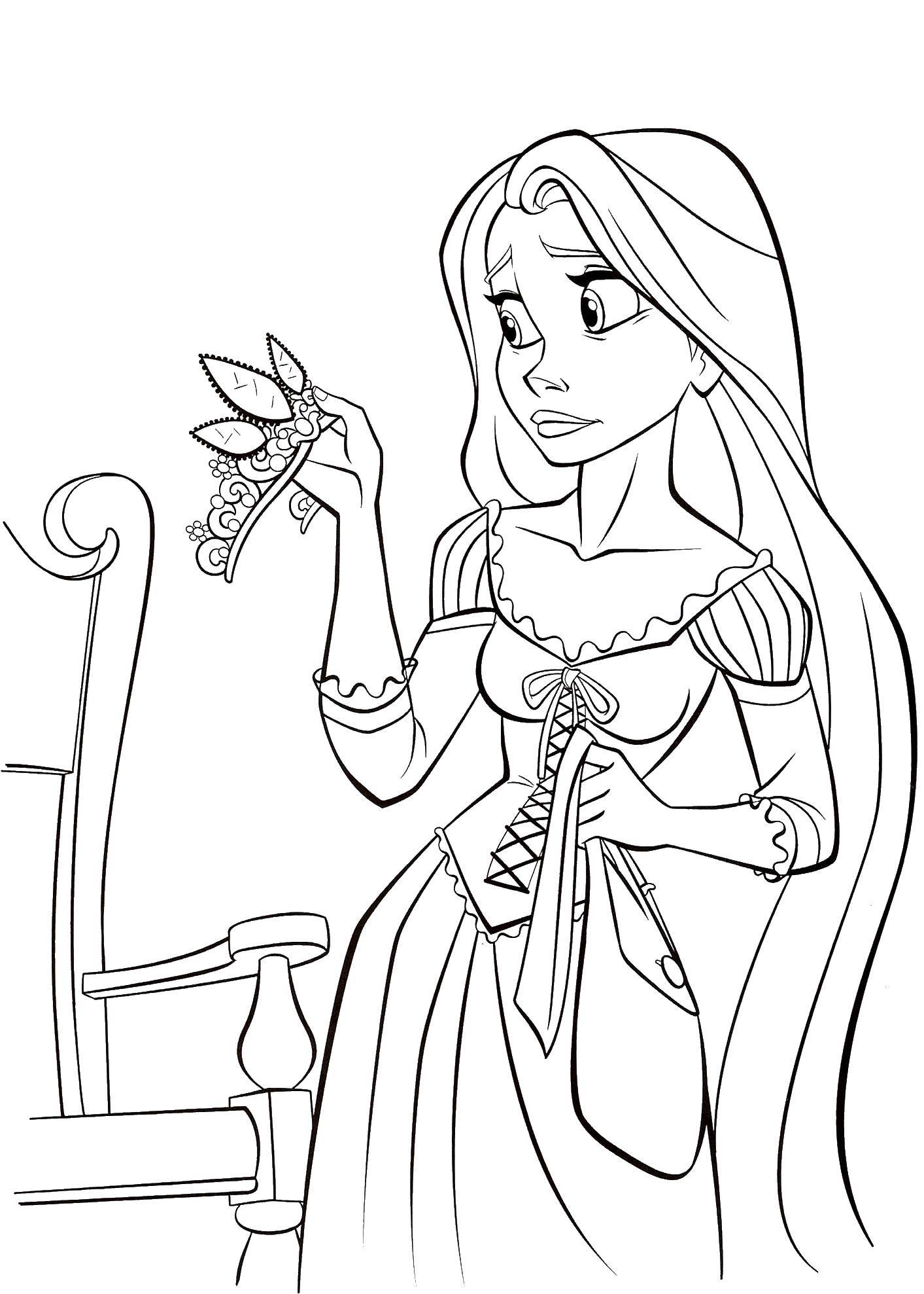 Coloring Rapunzel looks at the tiara. Category Disney coloring pages. Tags:  Disney, Rapunzel.