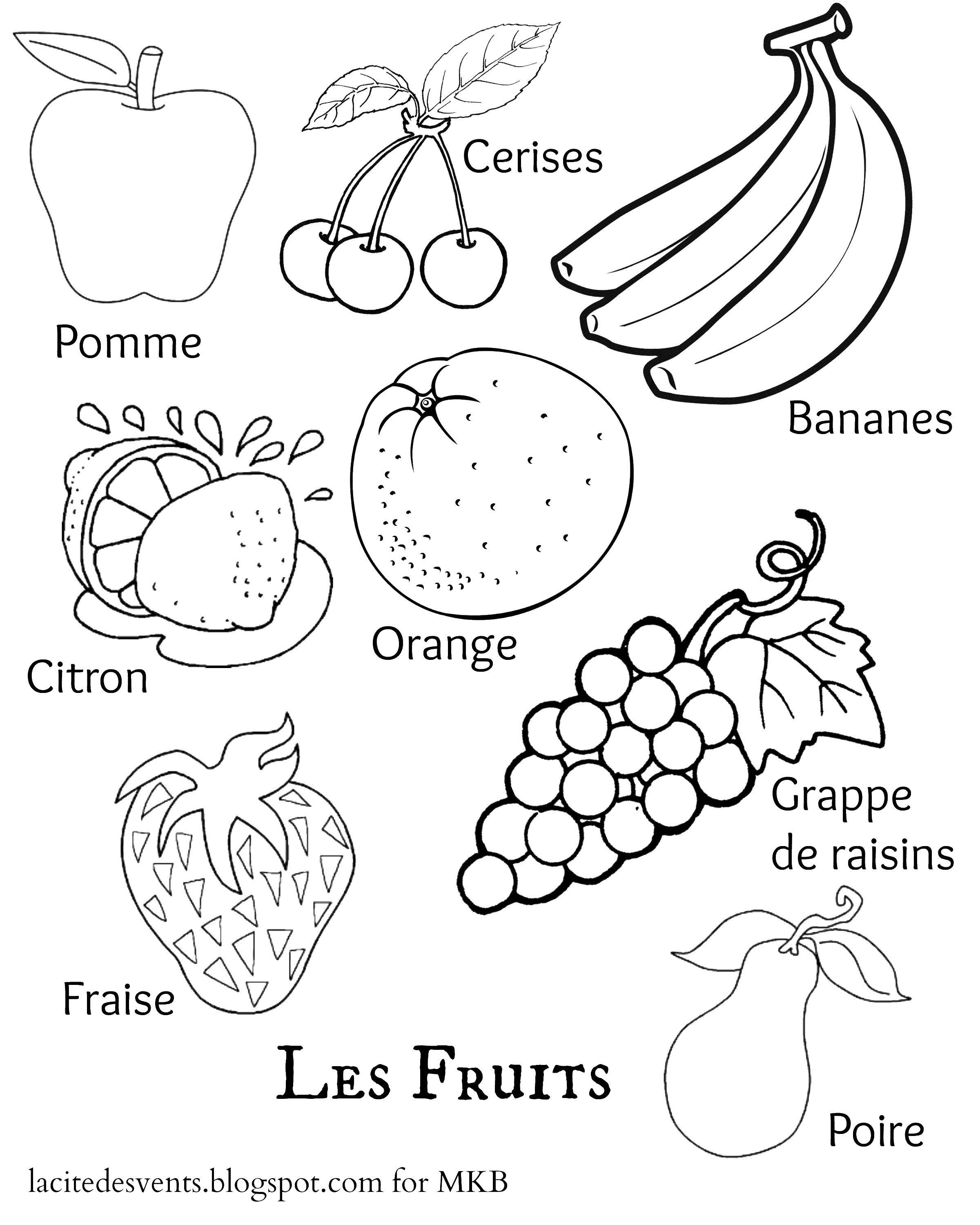 Название: Раскраска Разные фрукты и ягоды на французском. Категория: фрукты. Теги: фрукты, ягоды, французский язык.