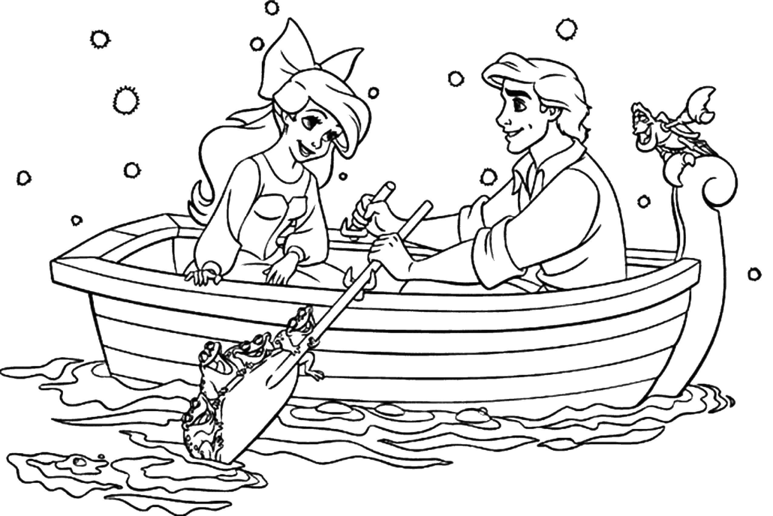 Название: Раскраска Романтическая прогулка по воде. Категория: Диснеевские раскраски. Теги: Дисней, русалочка, Ариэль.