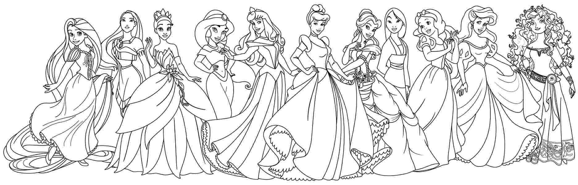 Название: Раскраска Ряд диснеевских принцесс. Категория: Диснеевские раскраски. Теги: дисней, принцессы.