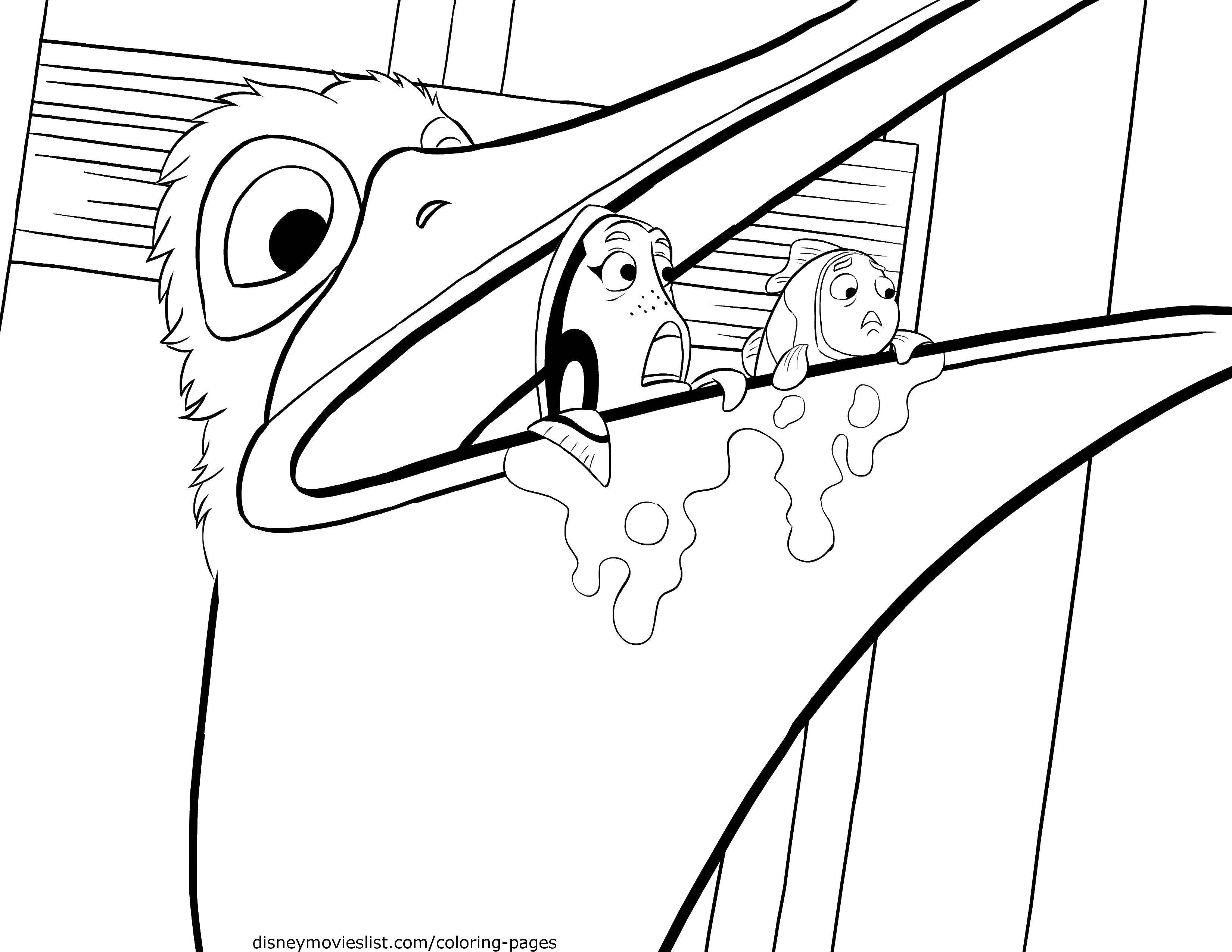 Название: Раскраска Рыбки во рту пеликана. Категория: Диснеевские раскраски. Теги: Персонаж из мультфильма.