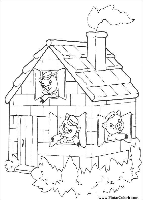 Coloring The three little pigs in the house. Category baby. Tags:  tale, cartoon, three little pigs.